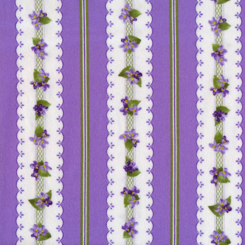 Fabric with small stripes and large scalloped stripes with small clusters of lilacs on a purple background.