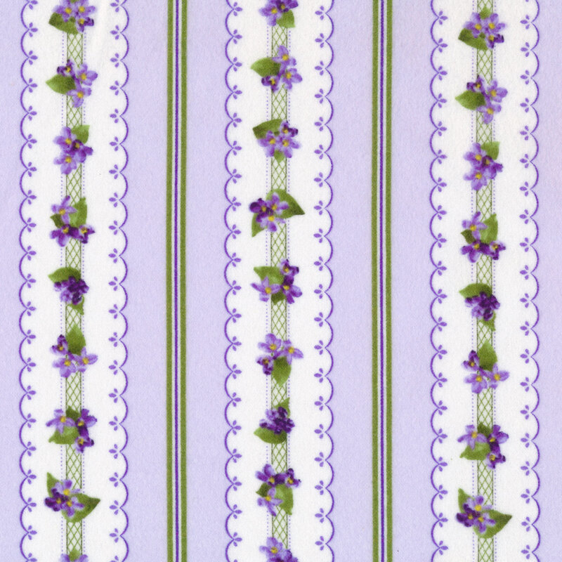 Fabric with small stripes and large scalloped stripes with small clusters of lilacs on a light purple background.