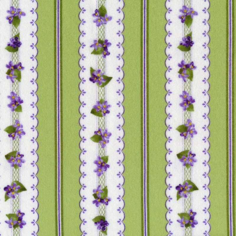 Fabric with small stripes and large scalloped stripes with small clusters of lilacs on a green background.