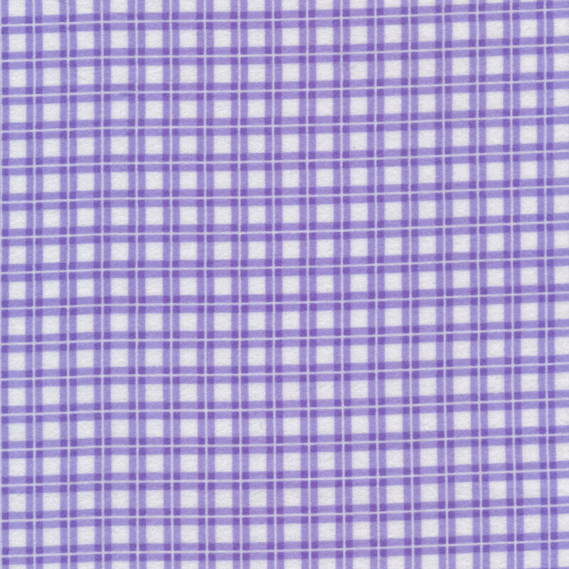 Fabric of a light purple gingham print with small white pinstripes running through, on a white background.