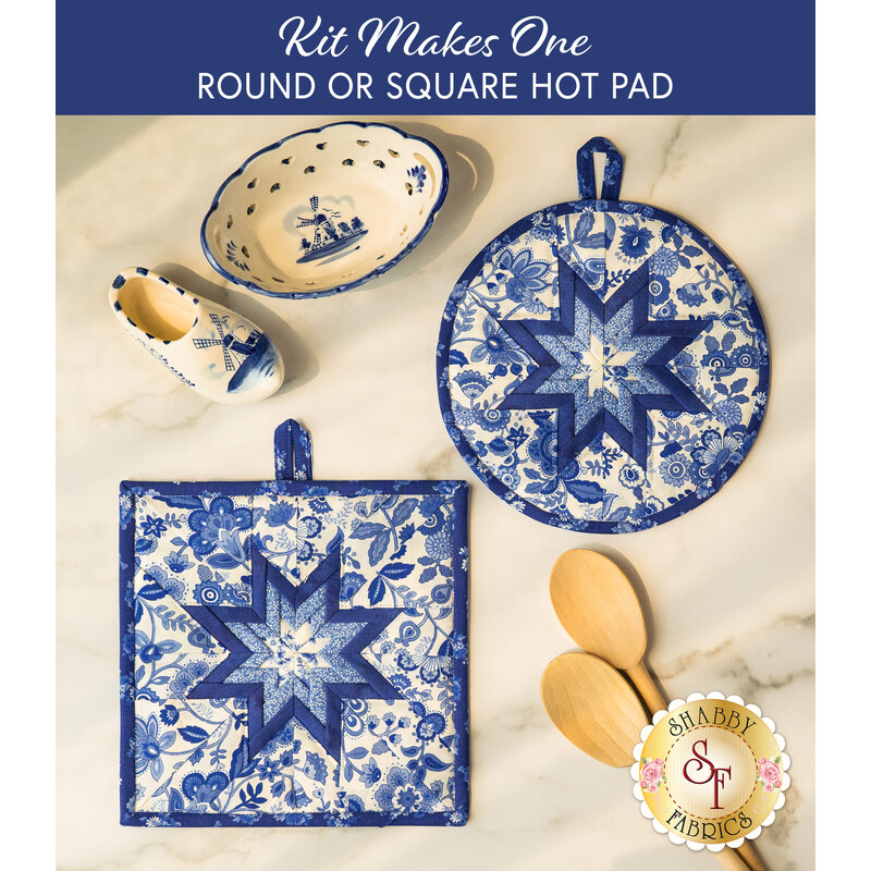 Hot pads with central folded star design made of white and blue floral printed fabrics.