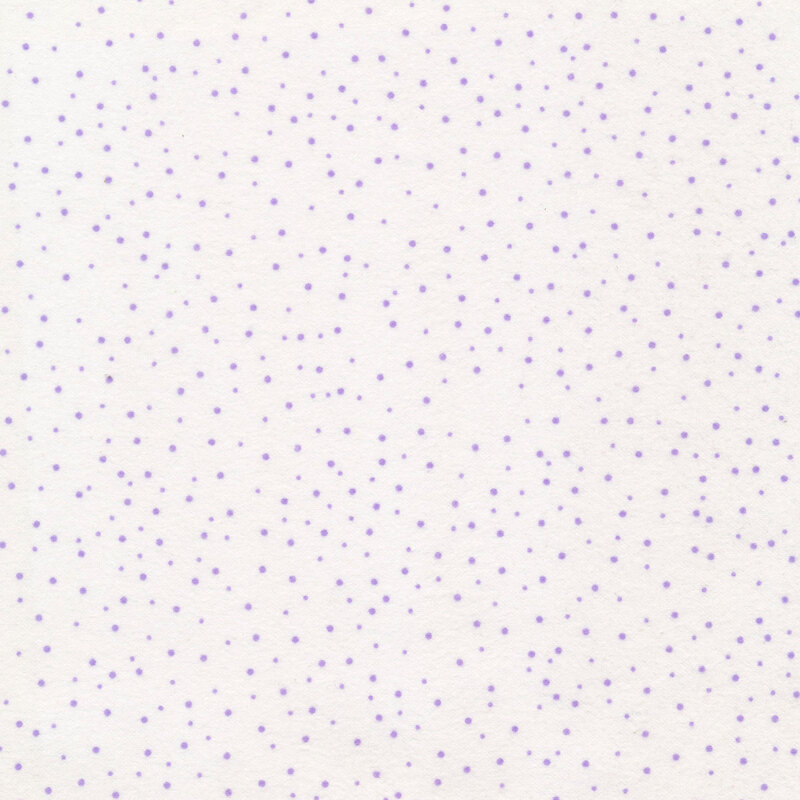Fabric with purple polka dots on a white background.