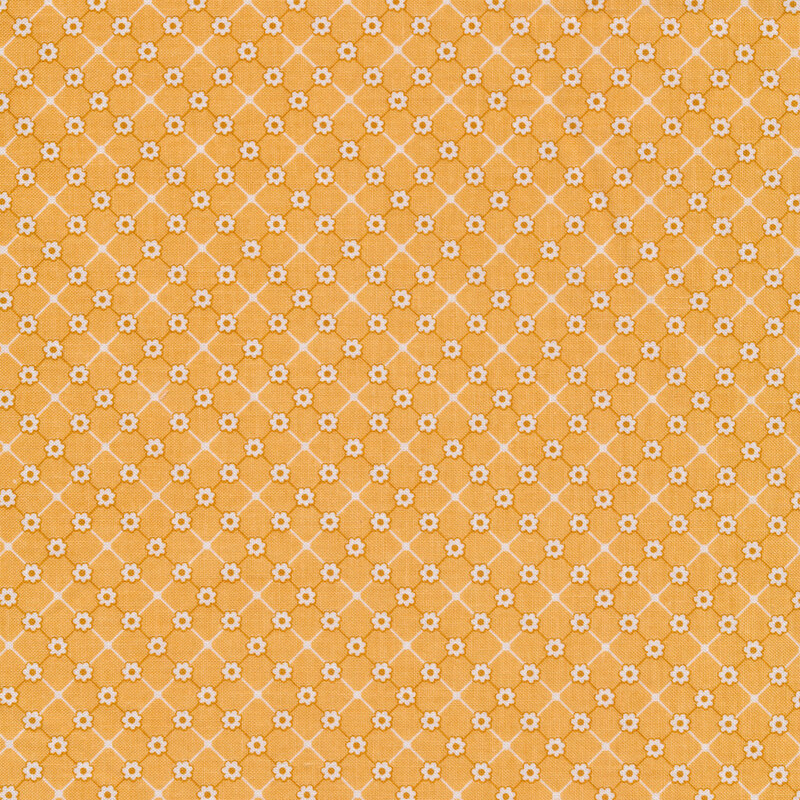 Yellow lattice fabric with small white floral accents.