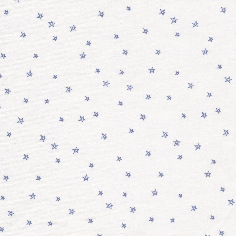 Scan of fabric featuring small blue stars all over a white background