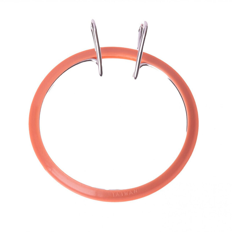 Image of brown plastic spring tension hoop with metal insert on a white background