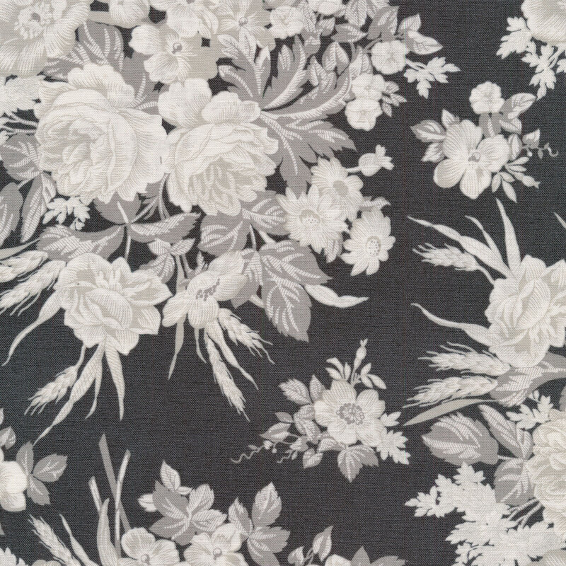 Gray fabric with white floral bunches all over