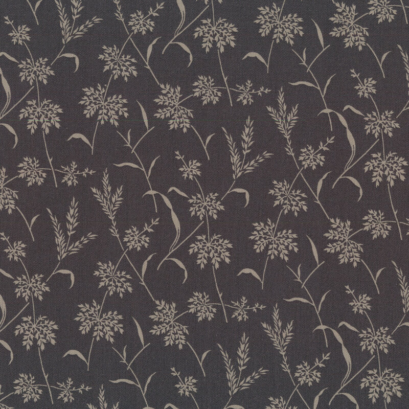 Charcoal fabric with taupe wheat sprigs and small flowers