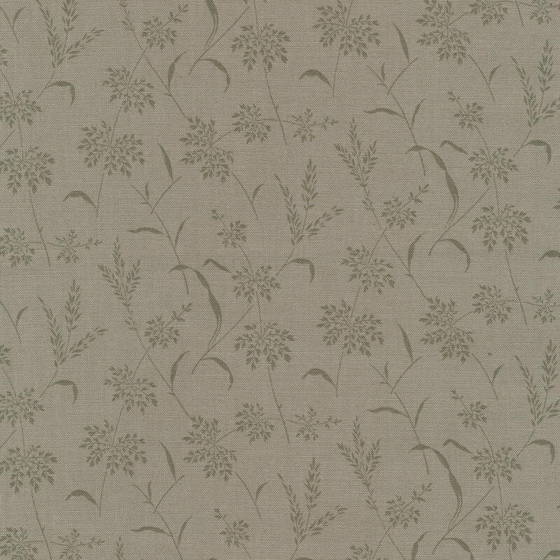 Gray sewing fabric with darker wheat sprigs and small flowers all over
