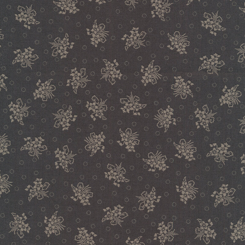 Charcoal fabric with dark gray floral bunches and rings all over