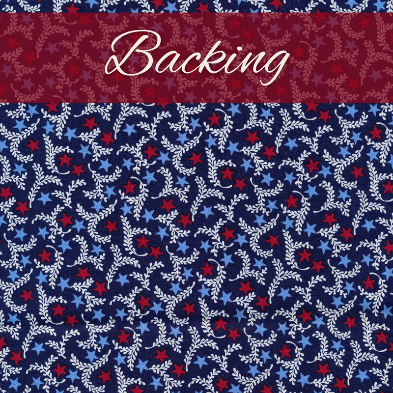 Light blue and red stars surrounded by white sprigs on a dark blue background labeled as backing