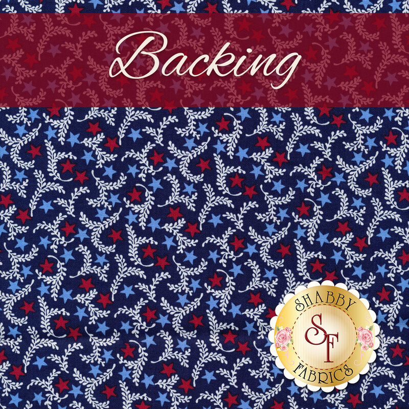 A swatch of dark blue fabric with light blue and red stars surrounded by white ferns. A dark red banner at the top reads 