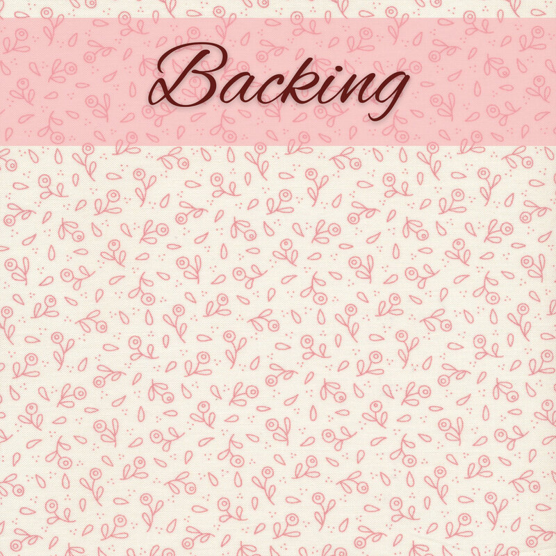 Small pink outlines of flowers and leaves all over a cream background labeled as backing.