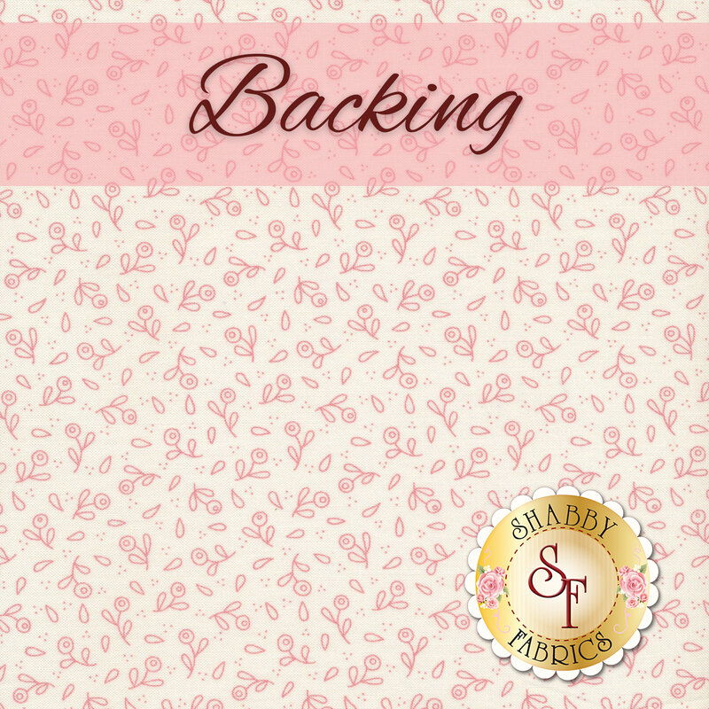 A swatch of cream fabric with small pink outlined flowers and leaves. A light pink banner at the top reads 