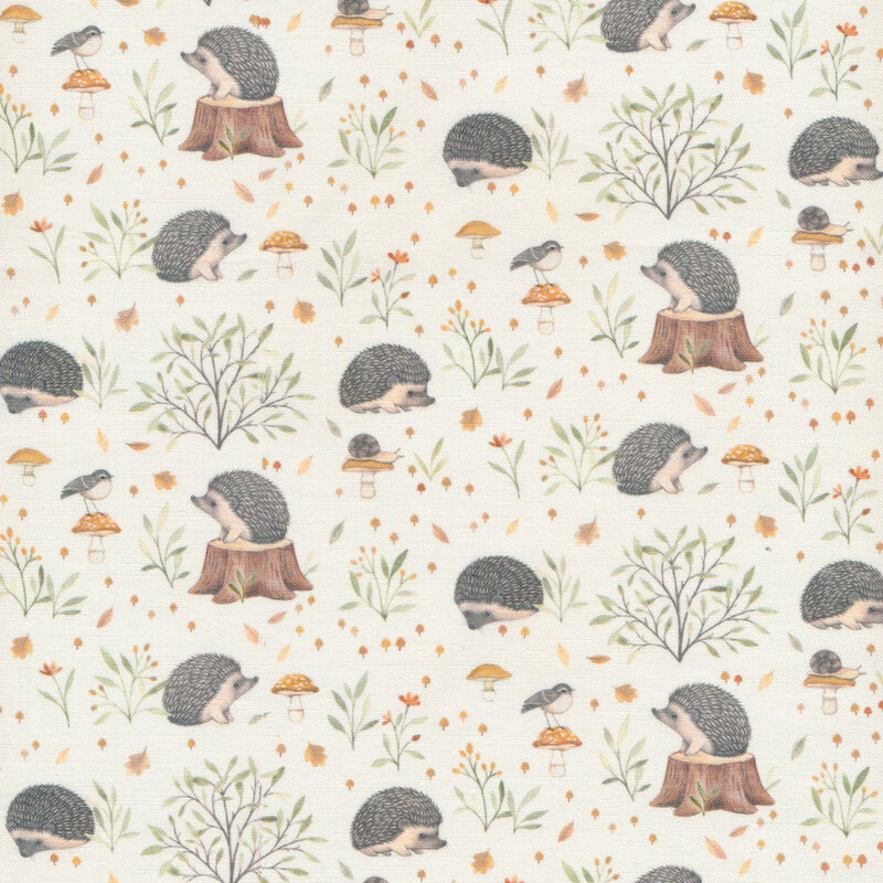 White fabric with small hedgehogs, tree stumps, sprigs, mushrooms and leaves all over