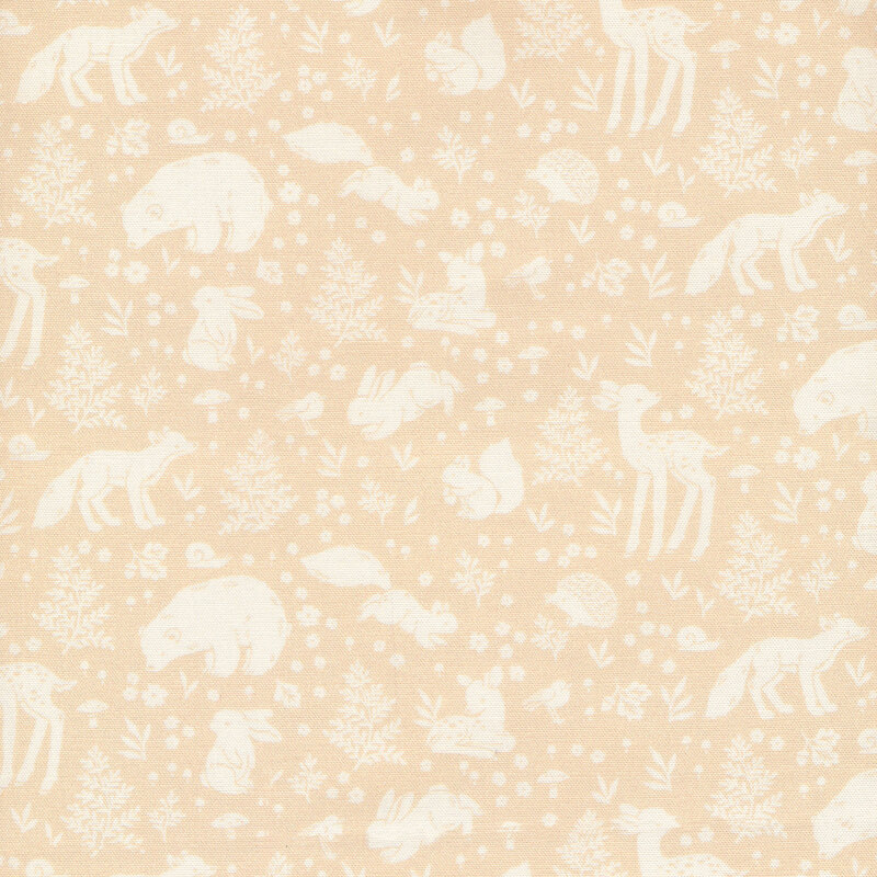Light tan tonal fabric with outlines of young woodland critters and plants on a tan background