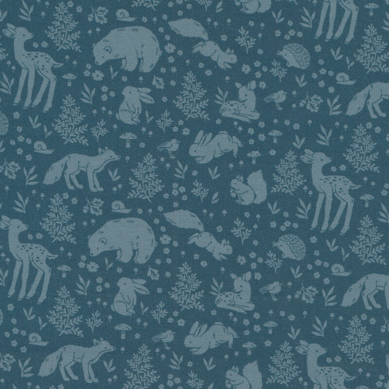 Tonal deep blue fabric with outlines of young woodland critters and plants on a dark gray background
