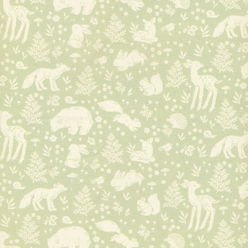 Tonal pale green fabric with outlines of young woodland critters and plants on a pale green background