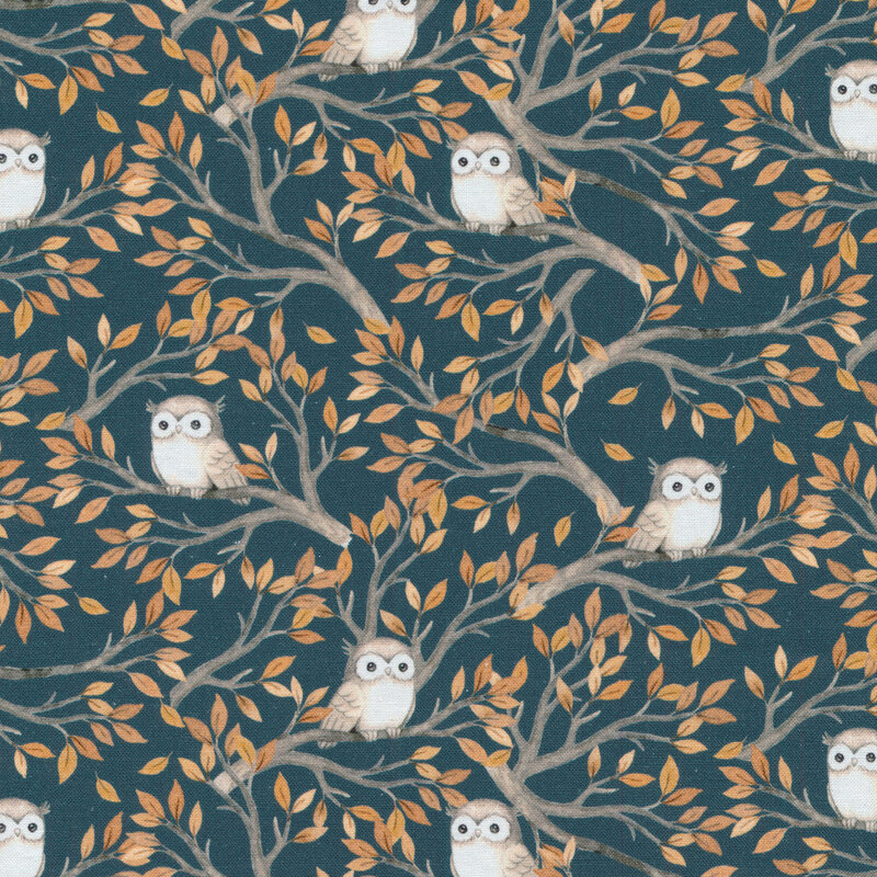 Dark deep blue fabric with tree branches, orange leaves, and little owls all over