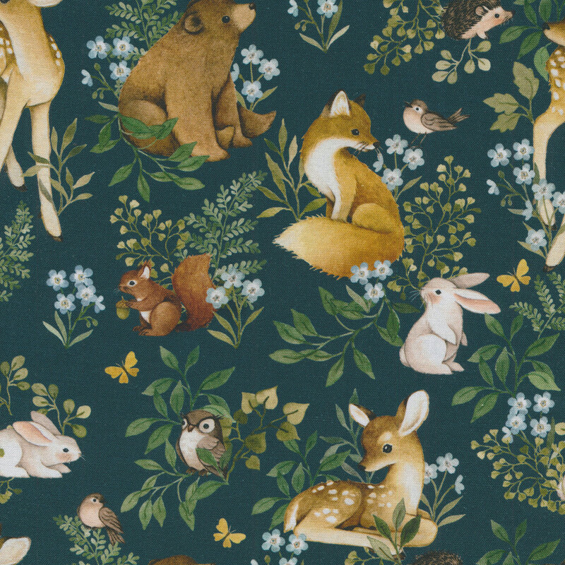 Dark deep teal fabric with young animals, leaves, vines, and flowers all over