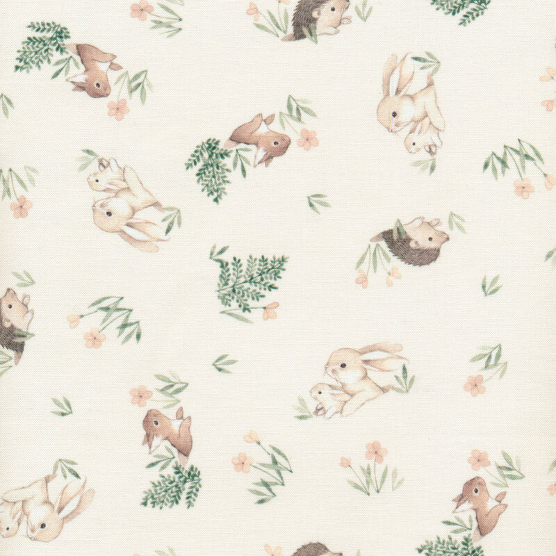 Small bunnies, squirrels, and hedgehogs with little flowers tossed on a cream background