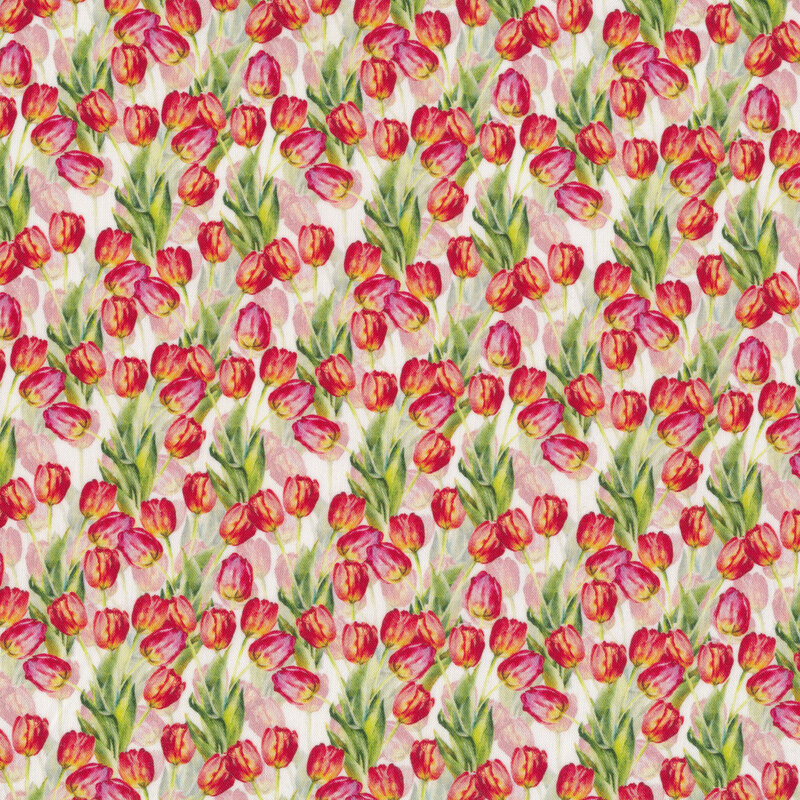 Watercolor-style fabric with red tulips white background