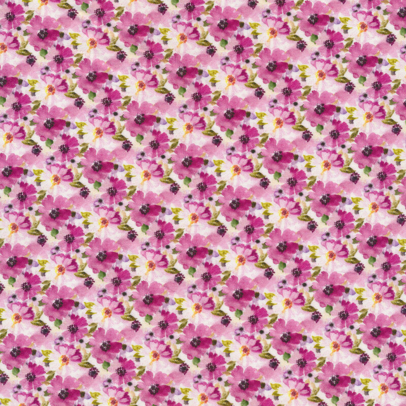Watercolor-style fabric with bright pink flowers all over