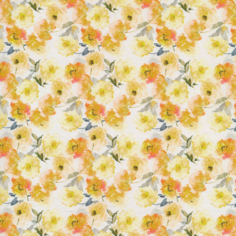 Watercolor-style fabric with bright yellow roses tossed on a white background