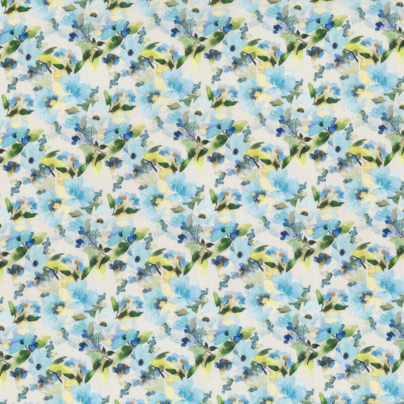 Watercolor-style printed cotton fabric with bright aqua flowers with green stems on a white background