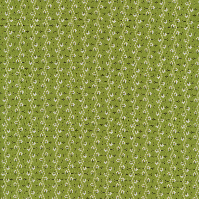 Light green fabric with small flowers and white zig zag stripes