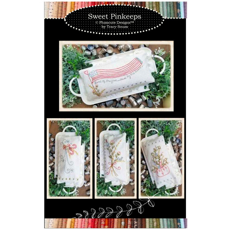 the front of the sweet pinkeeps pattern booklet featuring four images of different floral embroidery designs