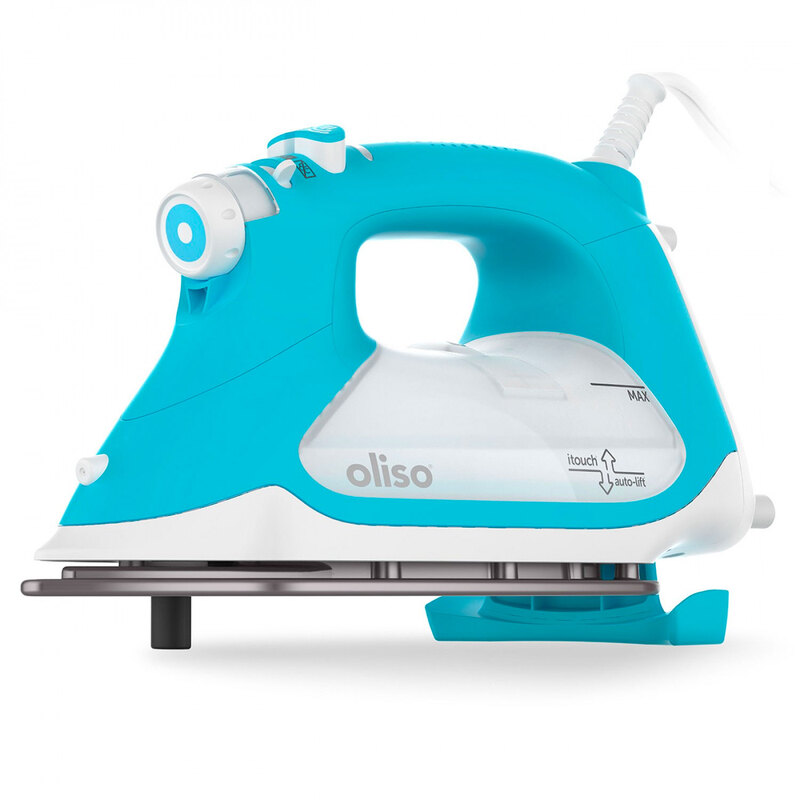 image of turquoise colored Oliso Smart Iron on a white background