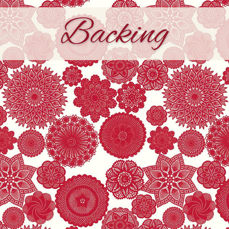 Cream fabric with packed red doilies in different sizes and patterns labeled as backing.