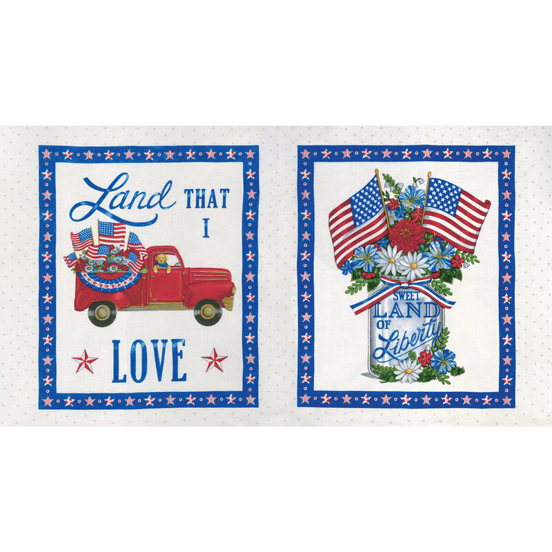fabric panel featuring a blue border with stars, a dog in a red truck, patriotic phrases, American flags, a vase of flowers, and stars all over a white background