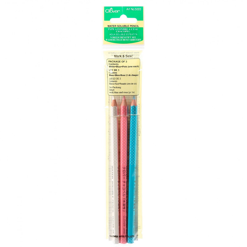 Image of 3 water soluble pencils in clear packaging. Blue, white, and pink
