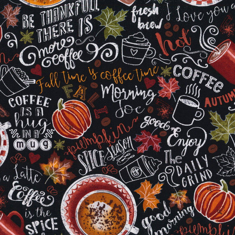 Scan of black fabric featuring coffee- and pumpkin-themed motifs