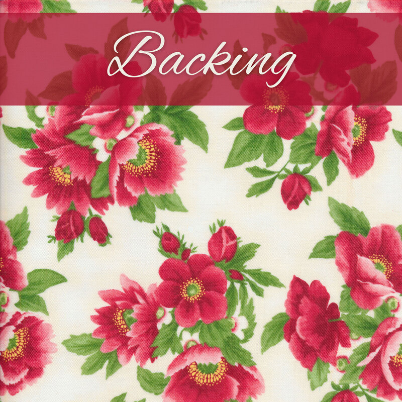 Bright pink flowers and green leaves on a cream background labeled as backing