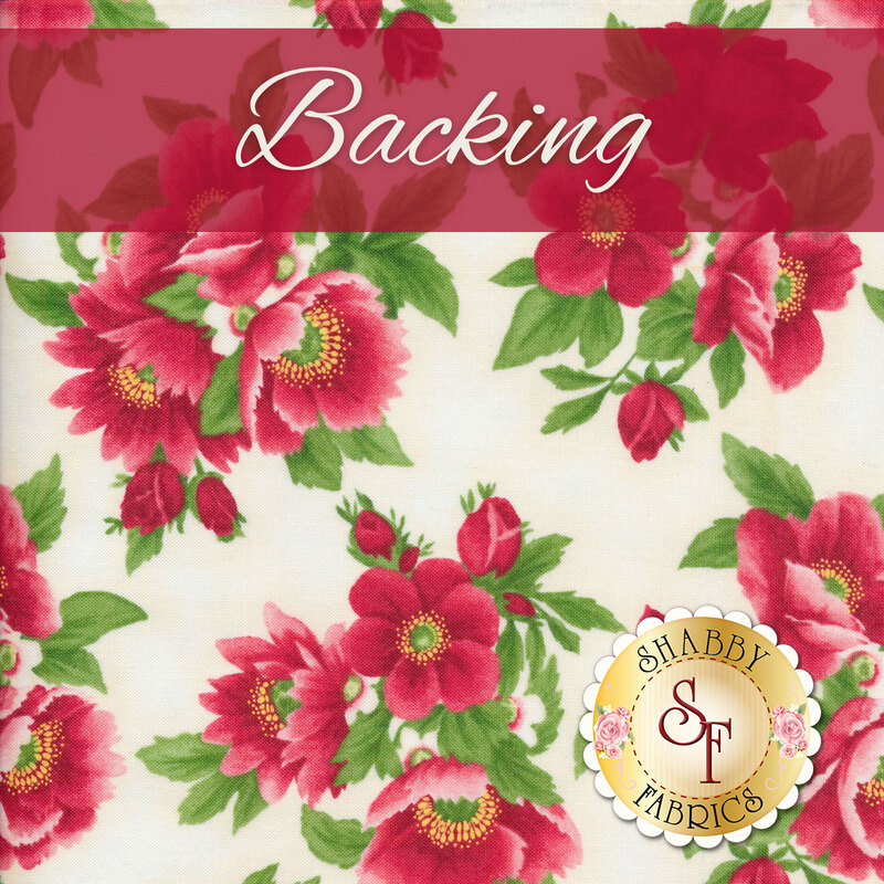 A swatch of cream fabric with large red flowers and green leaves. A red banner at the top reads 