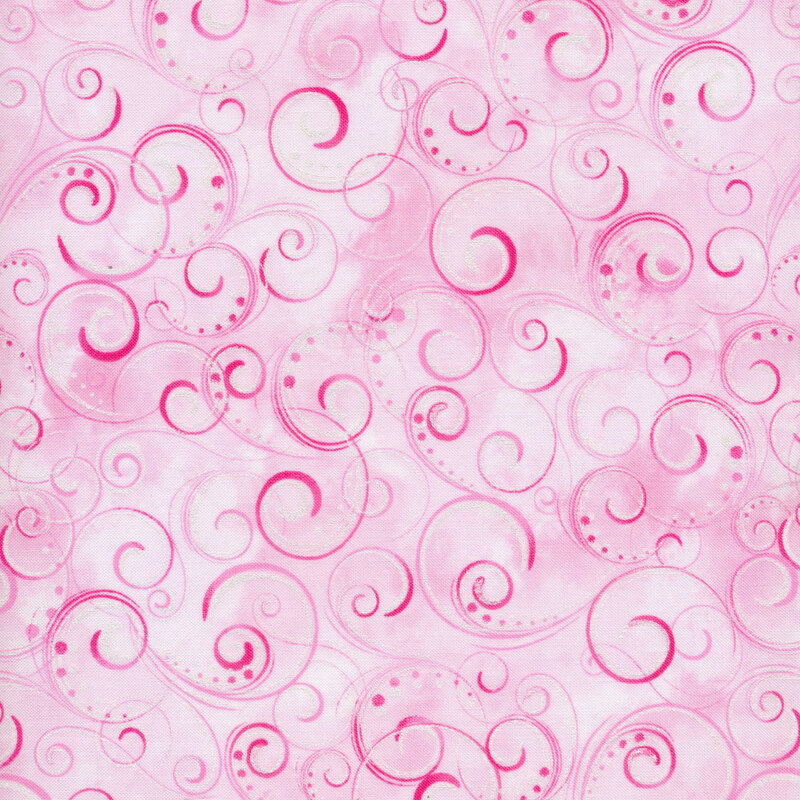 Light pink mottled fabric with dark pink swirls and dots all over