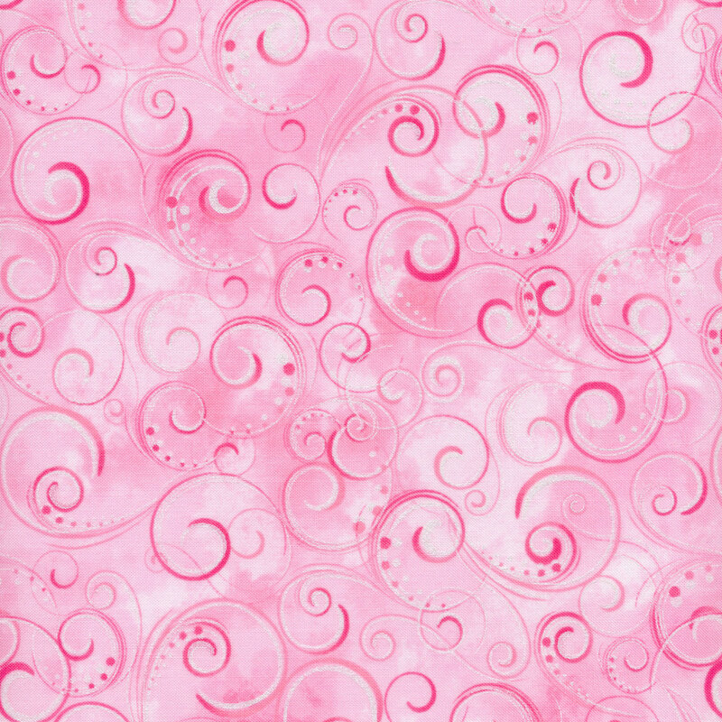 Pink mottled fabric with dark pink swirls and dots all over