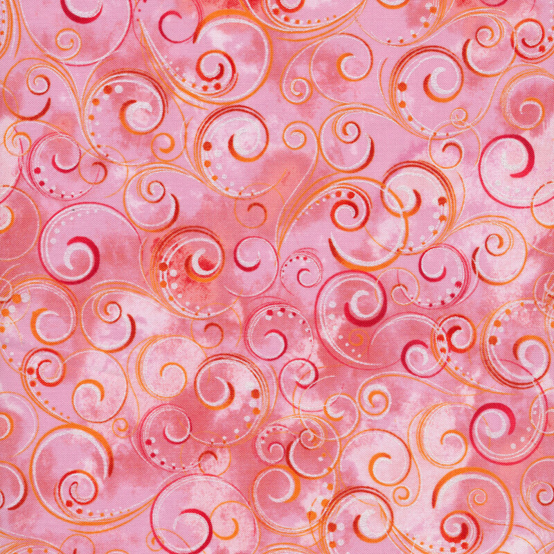 Pink mottled fabric with dark red swirls and orange accents