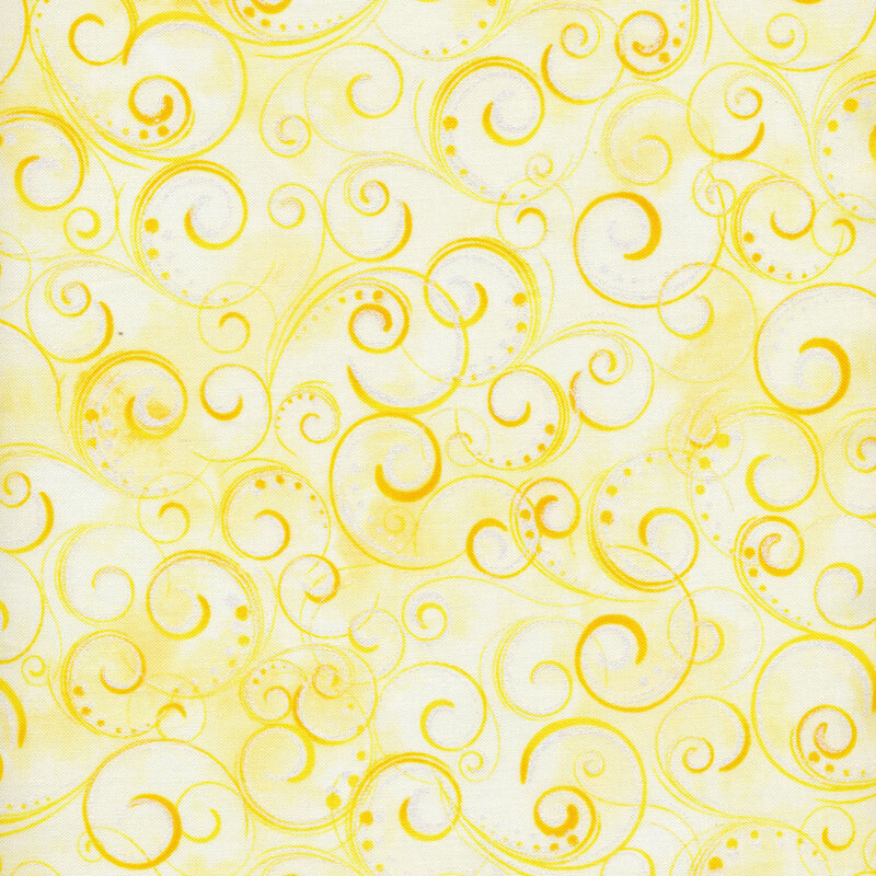 Light yellow fabric with dark yellow swirls and dots all over