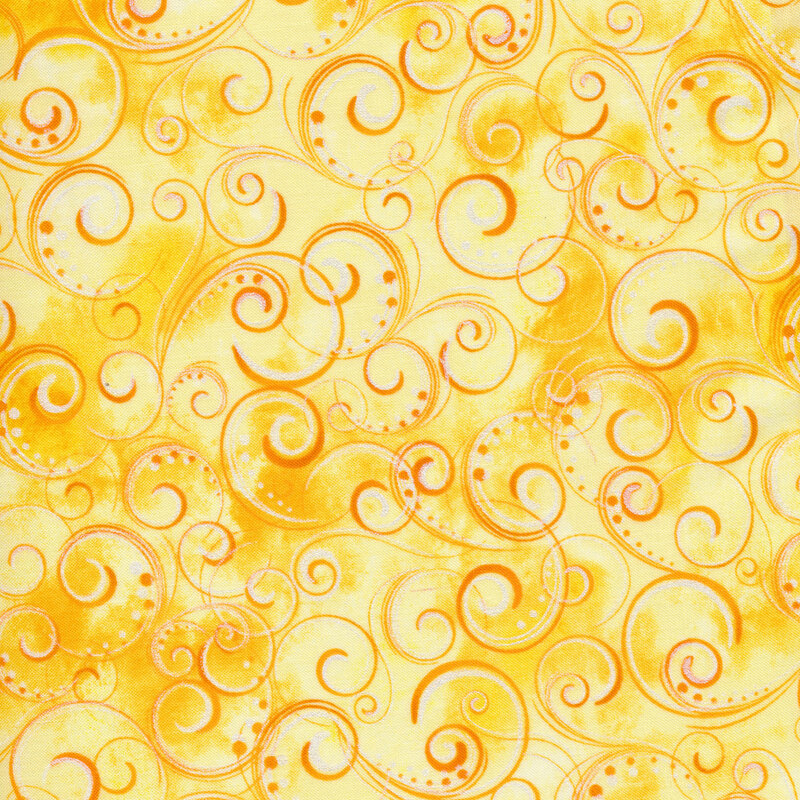 Yellow mottled fabric with dark orange swirls and dots all over