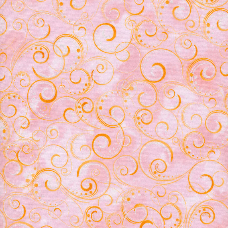 Pink mottled fabric with orange swirls and dots