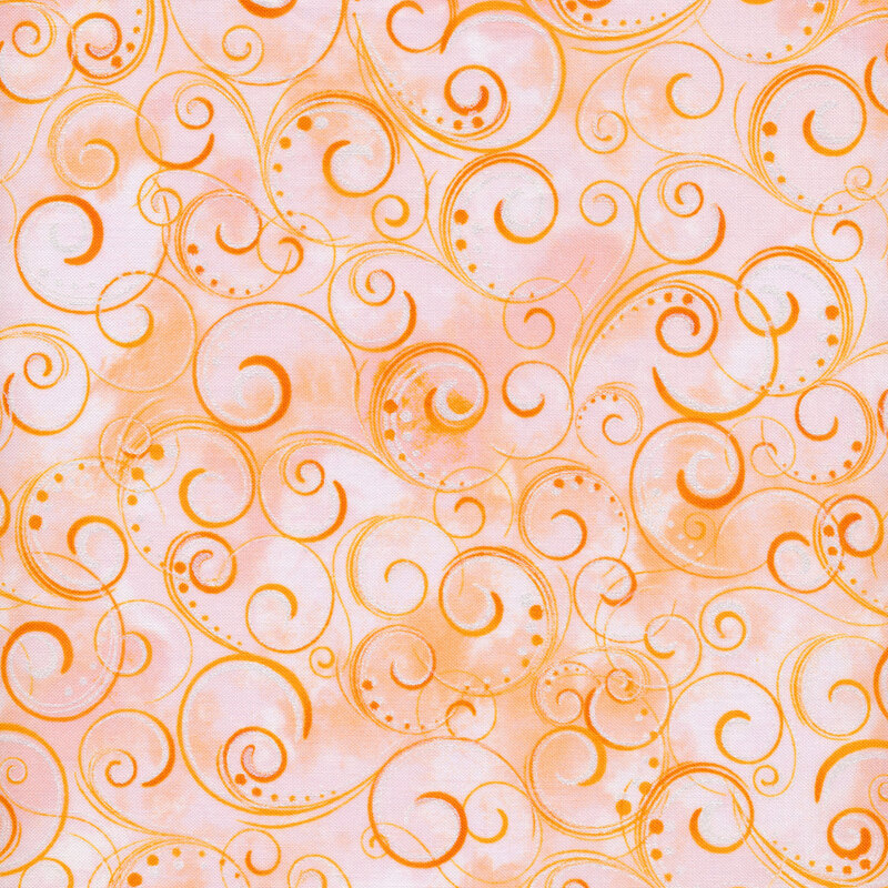 Light apricot mottled fabric with dark orange swirls and dots