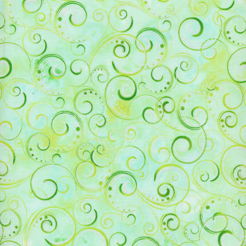 Aqua fabric with dark green swirls and scrolls