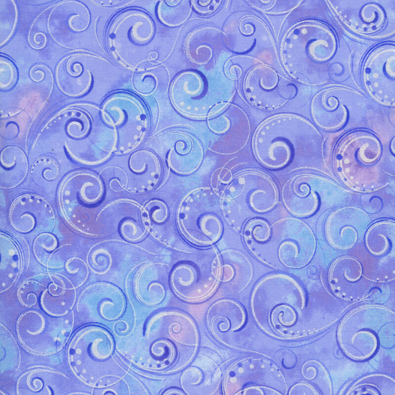 Light blue and violet mottled fabric with dark purple swirls and dots all over