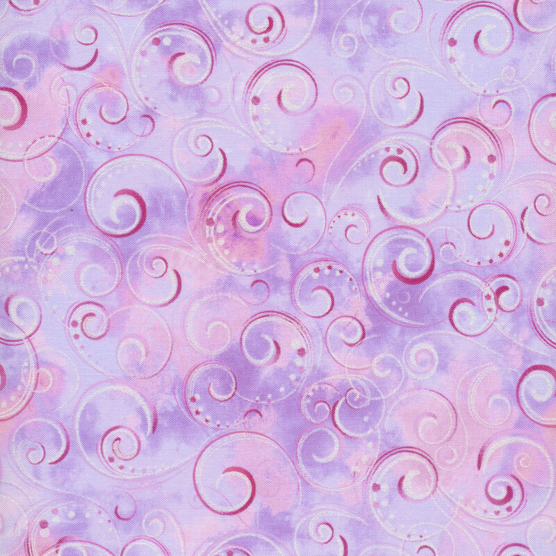 Purple and light pink mottled fabric with dark red swirls and dots all over
