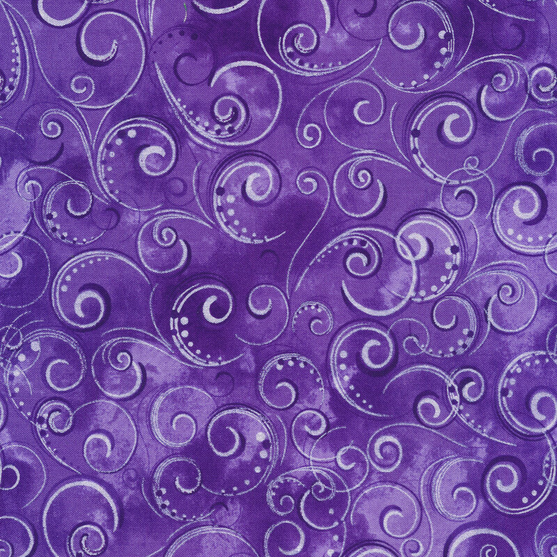 Purple mottle fabric with dark purple and light swirls and dots all over