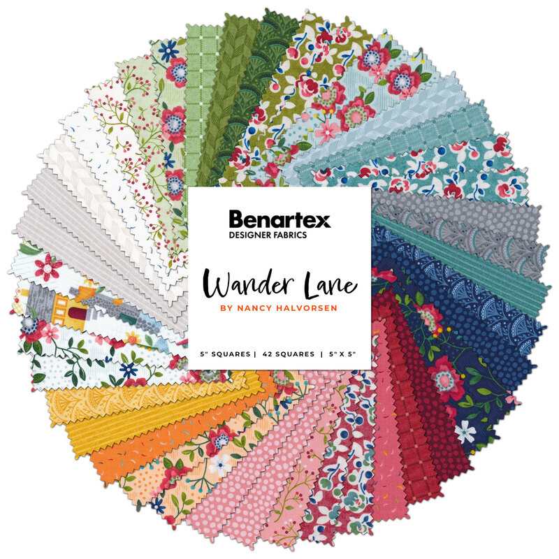 A collage of fabrics from the Wander Lane Collection