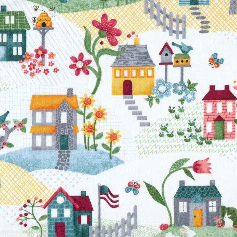 White fabric with whimsical houses, flowers, birds, butterflies, and fences all over